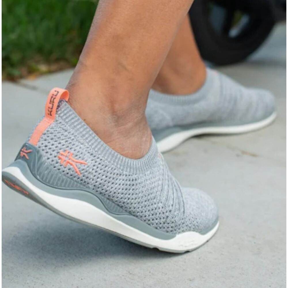 KURU Women’s Gray Slip-On Knit Walking Shoe with Coral Accents